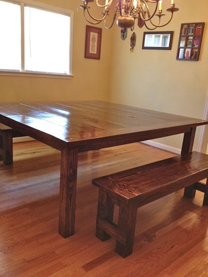 6'x6' Farmhouse Table. 72"x72". With two matching benches. www.tommyandellie.com