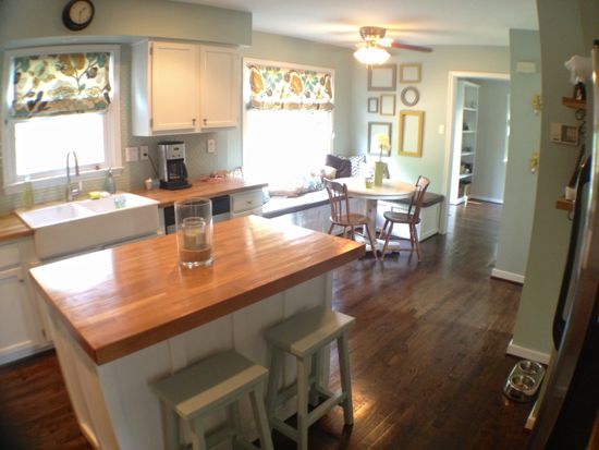 Kitchen Island. Board and Batten Style with matching window bench. www.tommyandellie.com