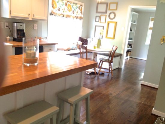 Kitchen Island. Board and Batten Style with matching window bench. www.tommyandellie.com